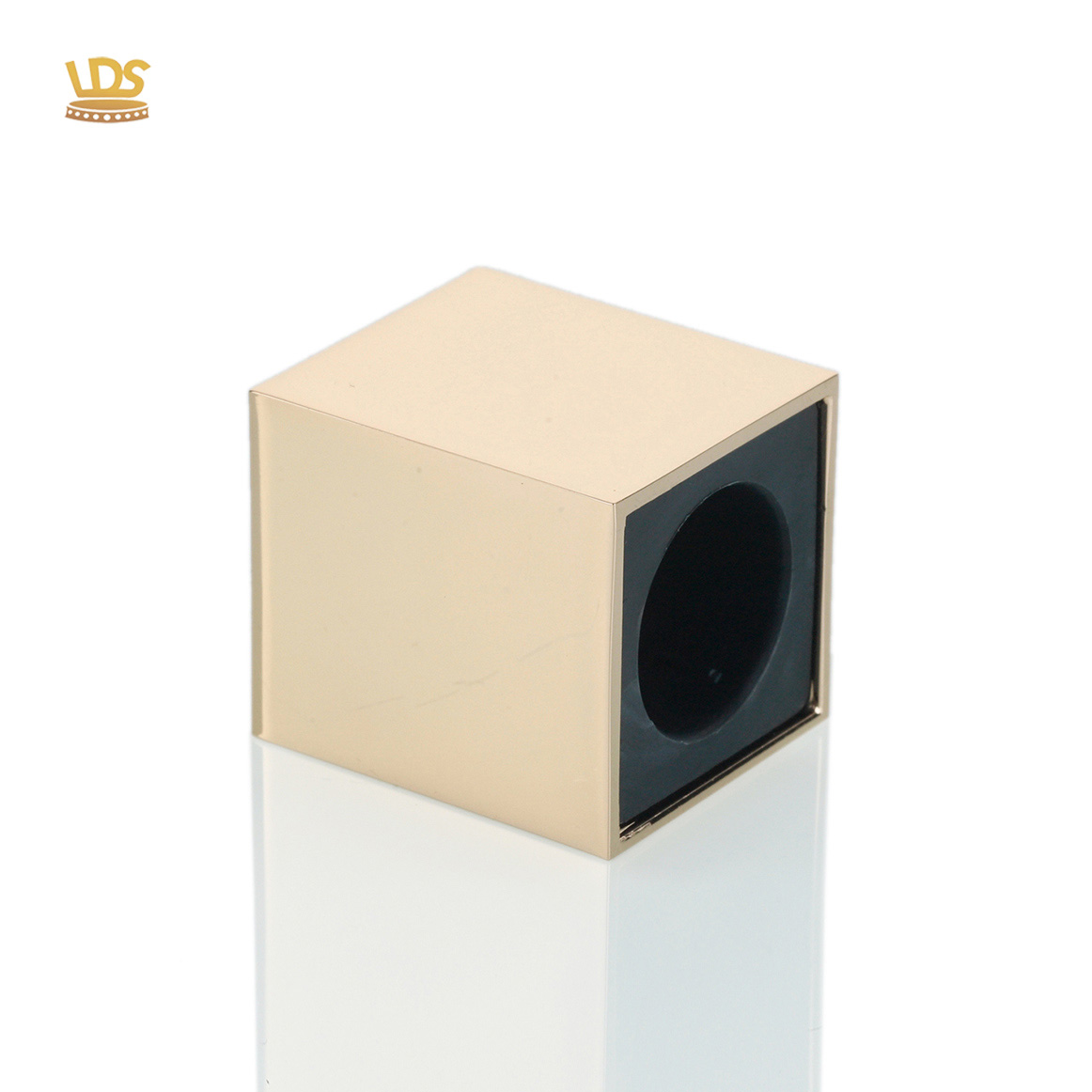 Square gold zinc alloy perfume cap with black plastic liner by LEADERS