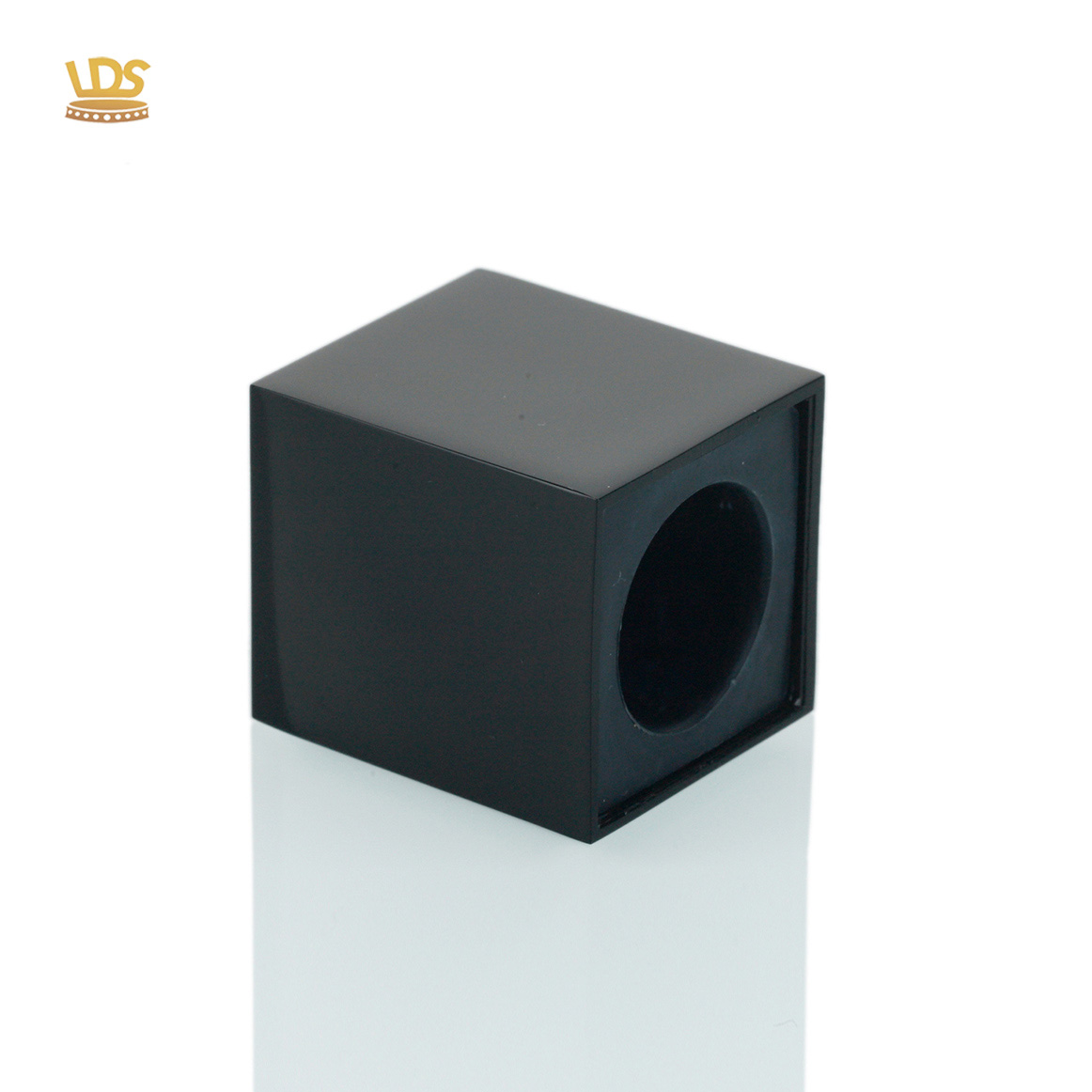 Square matte black zinc alloy perfume cap with round plastic liner by LEADERS