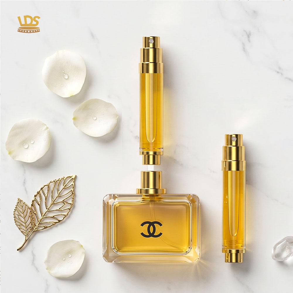 Luxury gold rhombus magnetic travel spray atomizers with refillable perfume bottles on marble background.