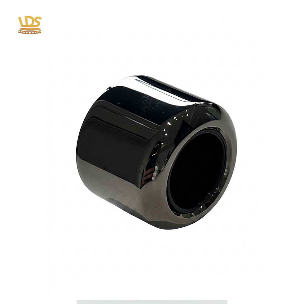 Shiny gunmetal cylindrical Zamac perfume cap with plastic insert