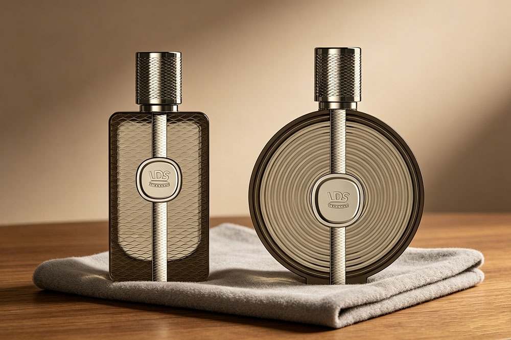 Luxury perfume bottles with textured aluminum perfume caps for modern fragrance packaging.