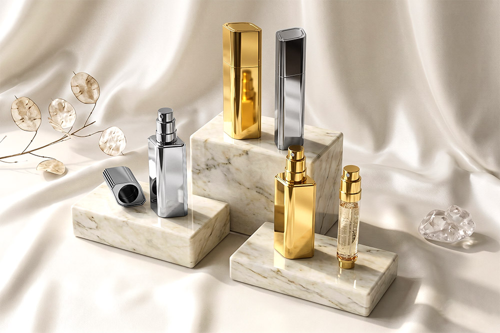 Luxury perfume and cosmetic packaging bottles displayed on marble blocks 