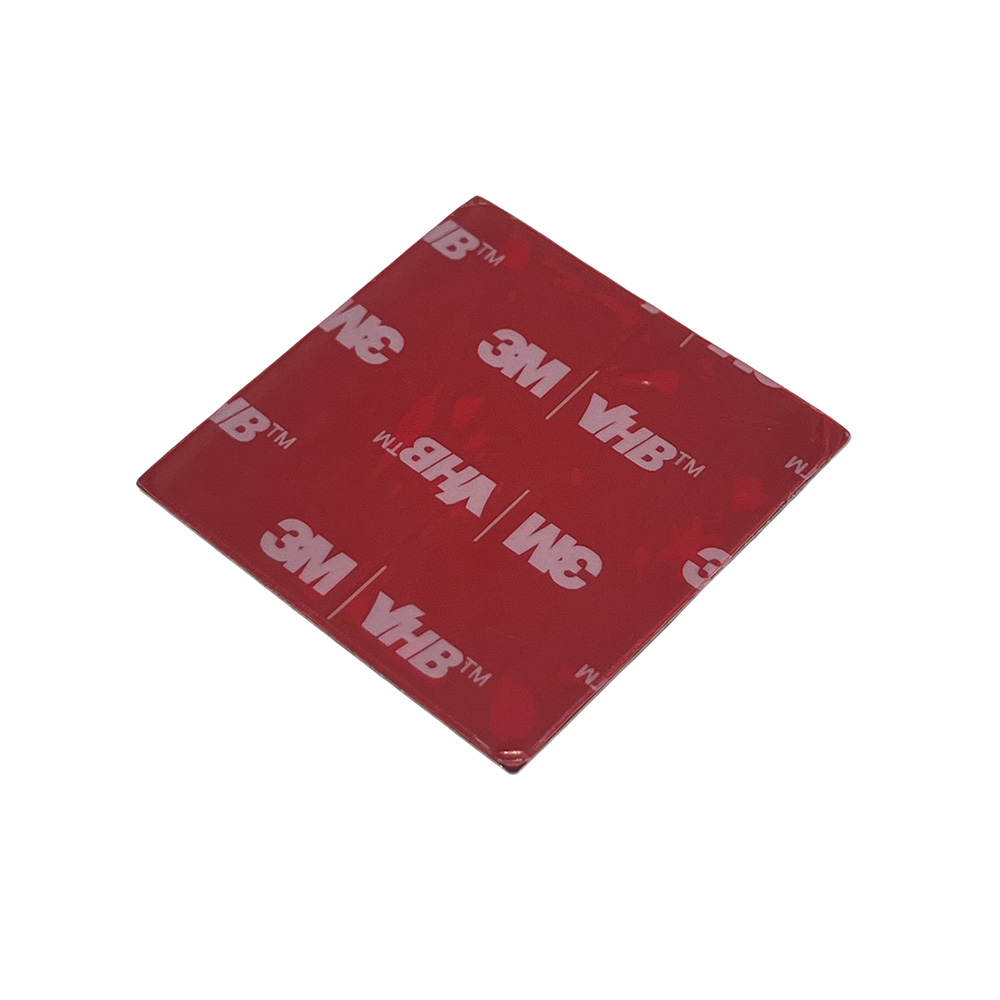 Back view of a square aluminum plaque with strong 3M VHB self-adhesive backing tape.