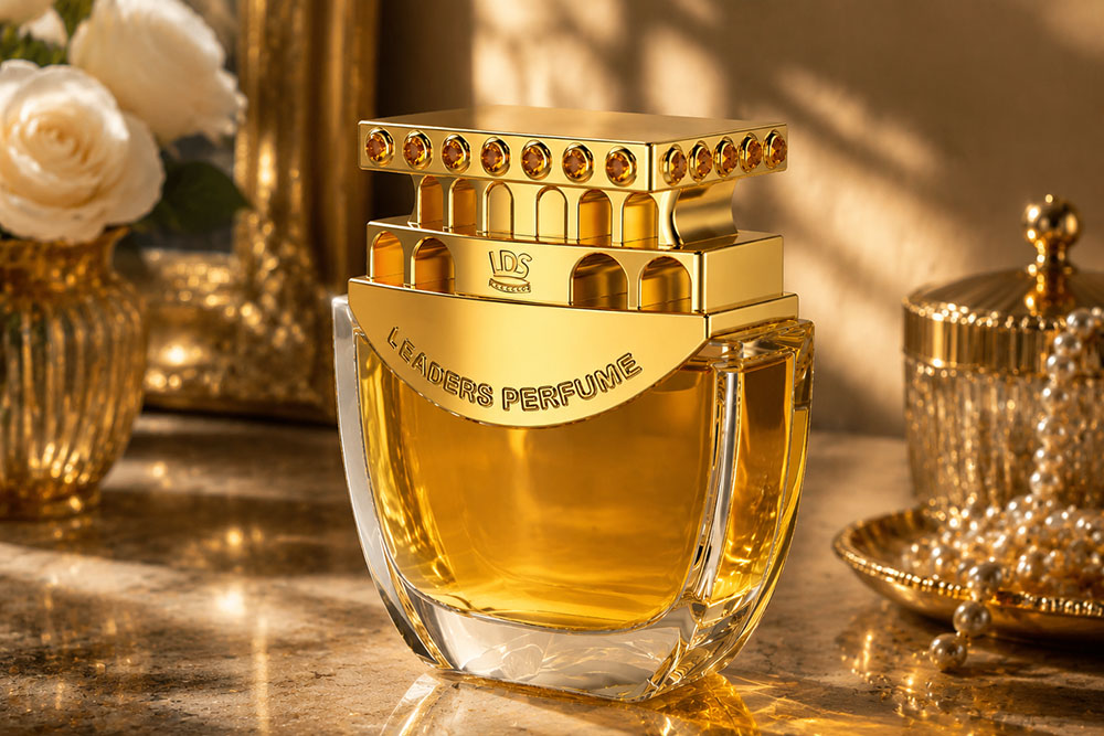 Custom golden Zamac perfume cap with gemstone inlays and architectural arches by Leaders