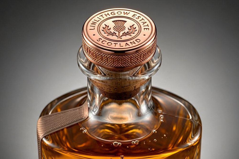Close-up of a personalized copper wine and liquor bottle stopper featuring an engraved Scottish thistle logo and 