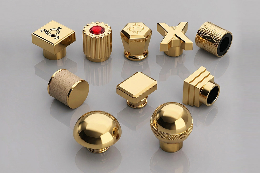 Custom bespoke gold Zamak perfume caps featuring various shapes, textures, and material combinations.