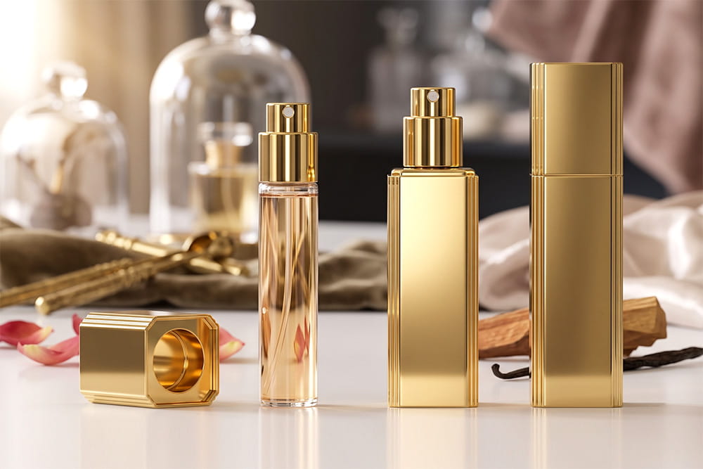 Gold rectangular travel perfume atomizers with refillable spray bottles displayed on an elegant vanity.