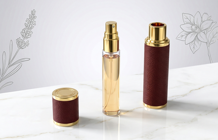 Perfume bottles with coordinated cap finishes for travel and full-size packaging