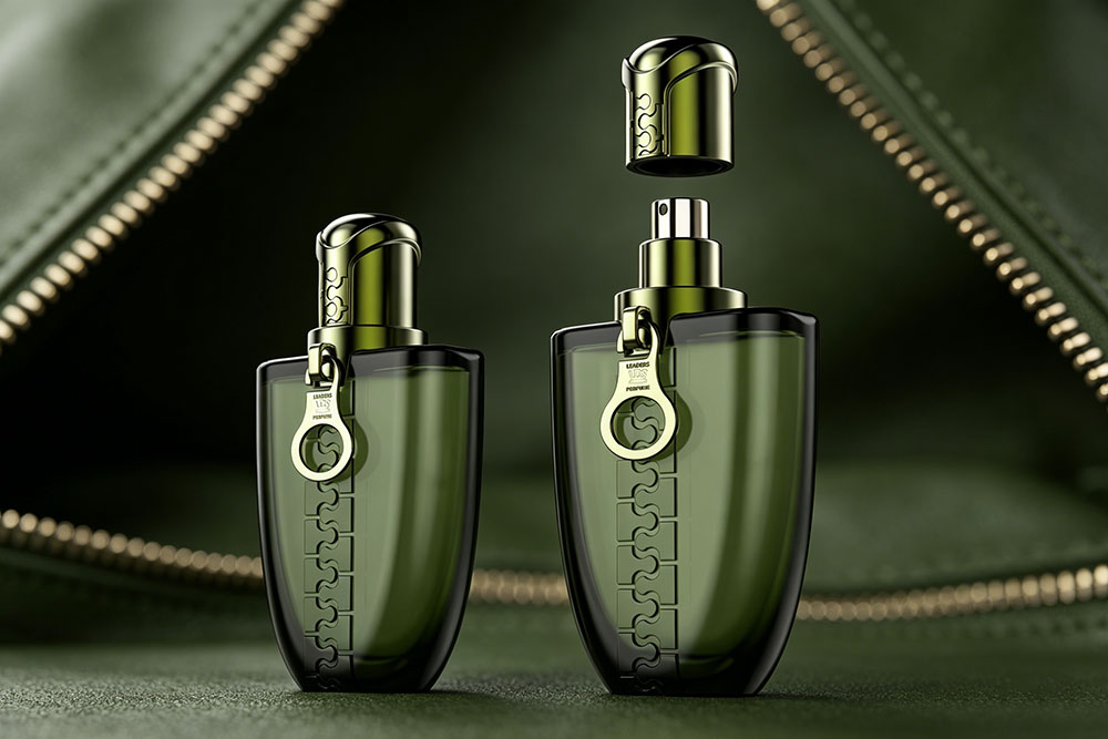 Luxury green perfume bottles with decorative caps and spray design