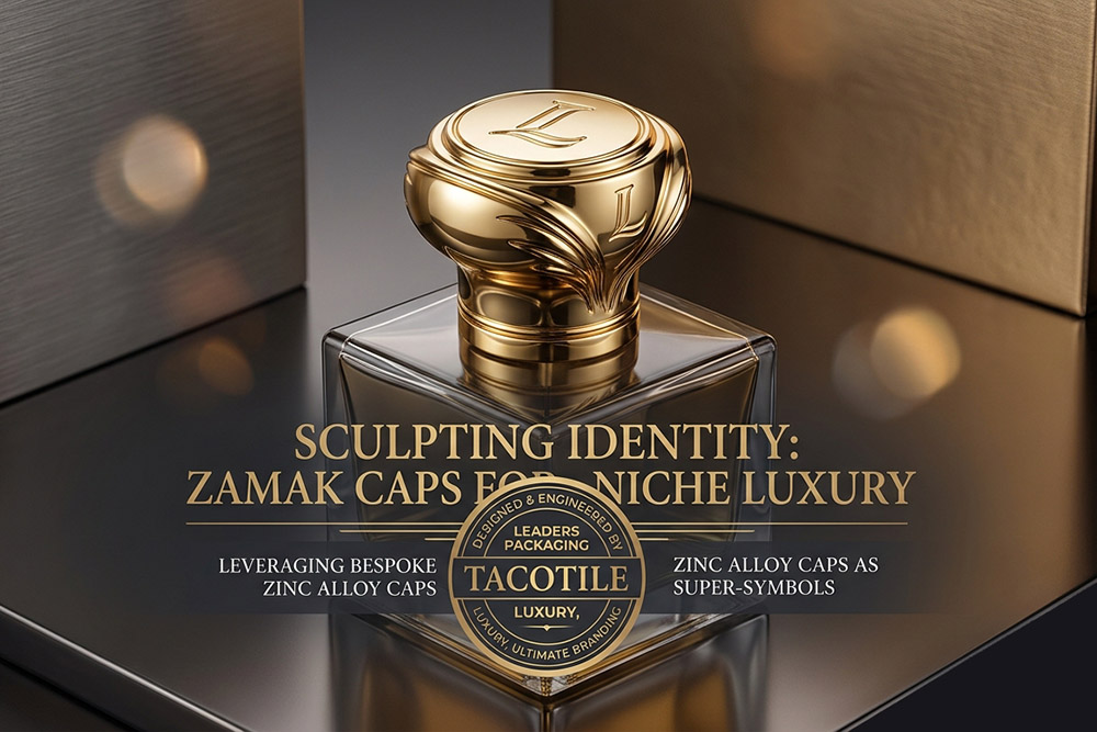 A custom gold sculptural Zamak (zinc alloy) perfume bottle cap on a glass bottle, by Leaders Packaging for niche luxury brands.