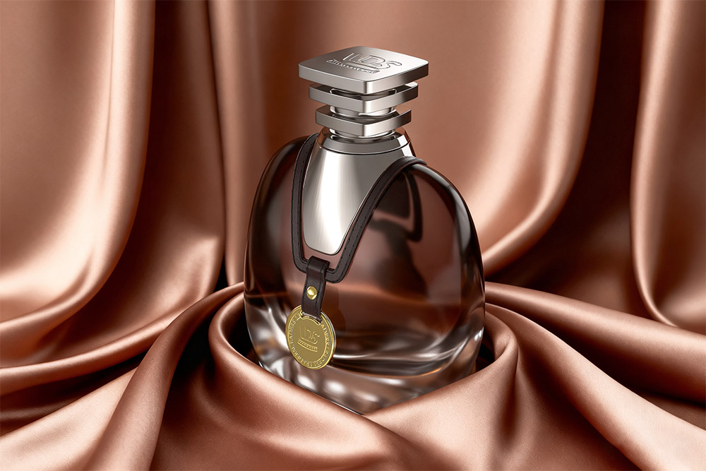 Custom Zamac perfume cap with leather strap and luxury glass bottle designed by Leaders